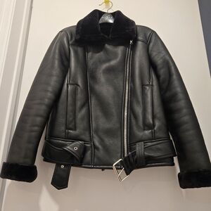 Topshop Sherpa Faux Leather Black Biker Style Jacket